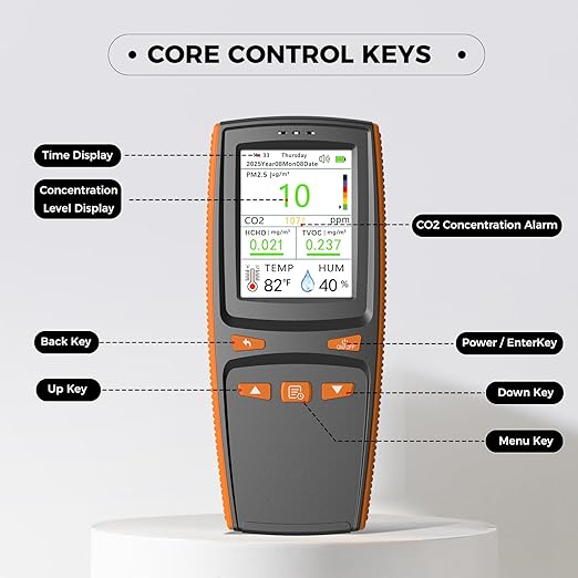 Air Quality Monitor, Indoor Air Quality Tester for CO2, TVOC, Formaldehyde, PM1.0/2.5/10, Temp & Humidity, with CO2 Alert, Data Storage, Adjustable Screen for Home, Office - Image 6