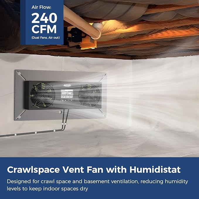 ALORAIR 240CFM Crawlspace Ventilation Fan, with Temperature Humidity Controller Timing Cycle Speed Control, for Attic, Garage, Shed, Crawl space, Basements (Air-out) - Image 2