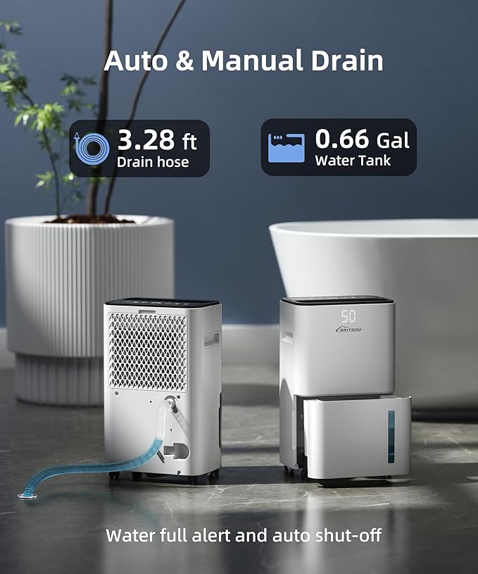 BRITSOU 34 Pint Dehumidifier, Smart Dehumidifiers for Home, Basement and Bedroom with 6.56 Ft Drain Hose - Intelligent Humidity Control - Quiet Operation - 3 Modes - Image 5