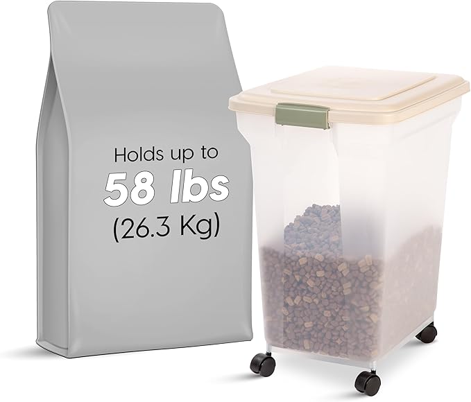 IRIS USA 58 Lbs / 67 Qt WeatherPro Airtight Pet Food Storage Container with Attachable Casters, For Dog Cat Bird and Other Pet Food Storage Bin, Keep Fresh, Translucent Body, Almond/Clear - Image 2