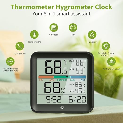 Indoor Thermometer Room Temperature Home Hygrometer Humidity Gauge, Accurate Calibration, Backlight, Air Comfort Indicator, Max Min Records, Time, Date (1, Black, 3.6" W x 3.4" H) - Image 2