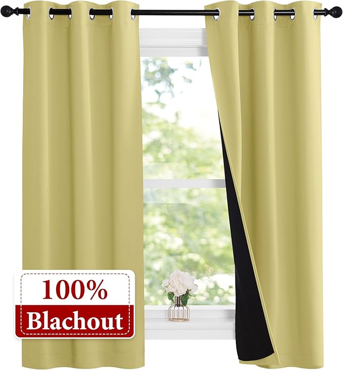 NICETOWN Paler Yellow Full Shade Curtain Panels, 37" Wide x 70" Long, Pair of Thermal Insulated & Energy Efficiency Blackout Curtains for Living Room Windows, Lined Silky Performance Window Dressing - Image 2