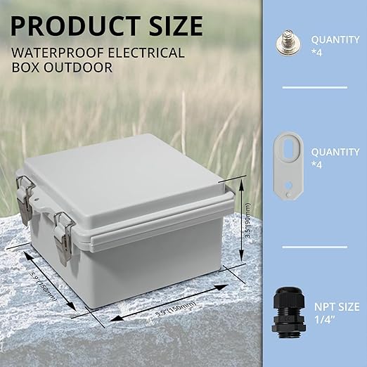 MAKERELE Small Electrical Junction Box Outdoor Weatherproof Gray Shell and IP67 ABS Grade Plastic with Hinged Cover, Mounting Plate,Wall Bracket,Stainless Steel Buckle and 1/4" NPT*2 (5.9"×5.9"×3.5") - Image 2