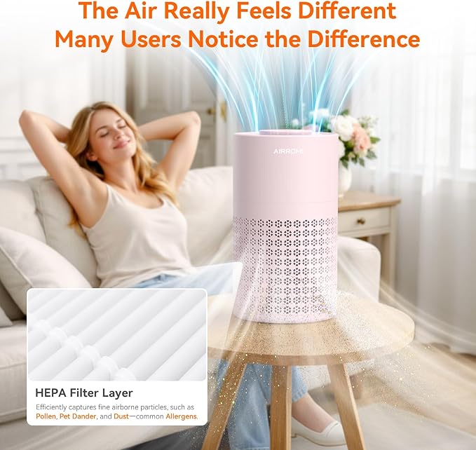 AIRROMI Air Purifier for Bedroom with HEPA 3-in-1 Filter, Pet Air Purifier for Home Cat Pee Smell, Covers Upto 990 Ft², Quiet 360° intake Air Cleaner for pet hair,allergies,Dust,Smoke A2001 Pink - Image 8