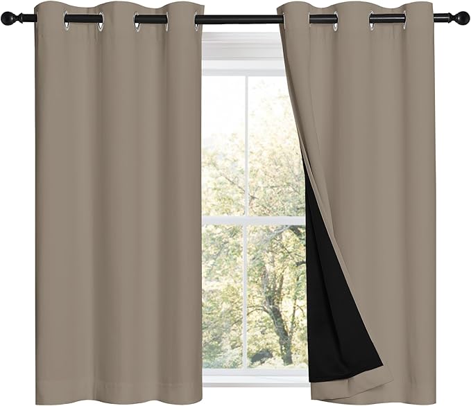 NICETOWN 100% Blackout Short Curtains with Black Liners, 2 Panels, 37" W by 40" L, Taupe, Solid Thermal Insulated Full Blackout 2-Layer Lined Drapes, Energy Efficiency Window Draperies for Bedroom by NICETOWN