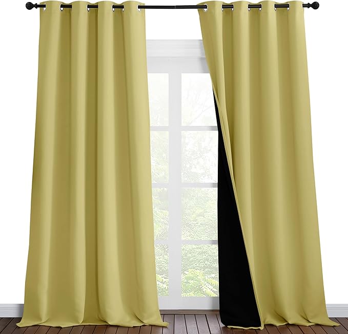 NICETOWN 100% Blackout Blinds, Laundry Room Decor Window Treatment Curtains for Large Patio Sliding Door, Thermal Insulated Paler Yellow Curtains for Bedroom, Set of 2, 52 inches x 108 inches by NICETOWN