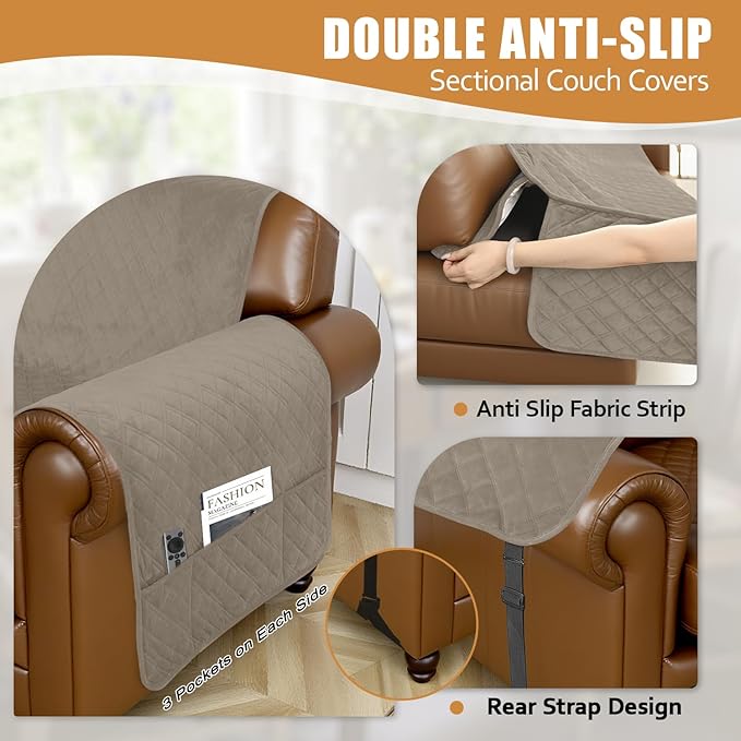 Arfntevss Waterproof Sectional Couch Covers L Shape Washable Velvet Sofa Cover for Sectional Non Slip Large Corner Slipcovers Dog 6 Pcs Universal U Shaped Furniture Protector (Light Khaki, X-Large) - Image 4