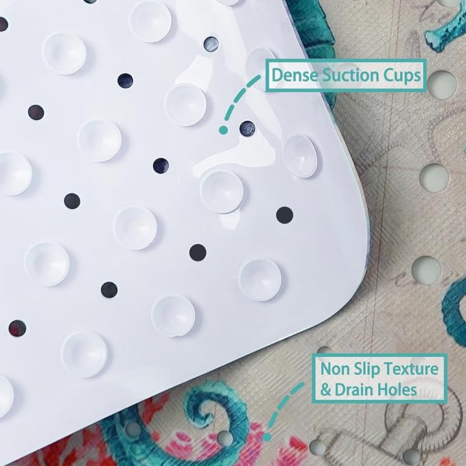 Ocean Bathtub Mat Non Slip, Cute Baby Bath Mat for Tub Rubber Tub Mat, Seahorse Coral Toddler Kids Bath Mats for Bathroom Anti Slip Shower Mat with Suction and Drain Holes Machine Washable, 40″x16″ - Image 4