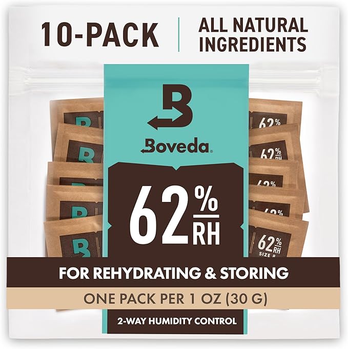 Boveda 62% RH Size 8-10 Pack Two-Way Humidity Control Packs - for Storing 1 oz - Moisture Absorber for Small Storage Containers - Humidifier Packs - Hydration Packets w/Resealable Bag by Boveda