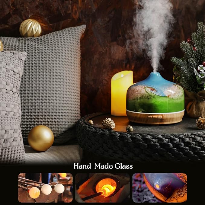 Porseme 500ml Glass Essential Oil Diffuser Aromatherapy Ultrasonic Cool Mist Humidifier 15-21 Running Hours Waterless Auto-Off Air Diffusers for Sleeping Yoga Office Working Spa and Rest (Blue Grass) - Image 5