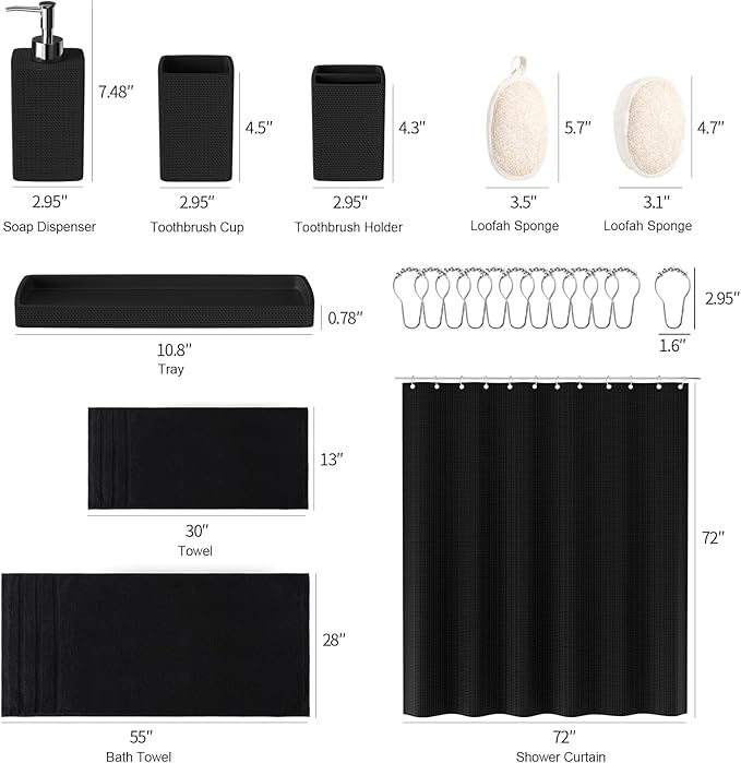Resin Black Bathroom Sets, Black Bathroom Accessories Set with Shower Curtain, Bath Towel Set, Natural Loofah Sponge, Soap Dispenser, Toothbrush Holder, Bathroom Tumbler and Tray for Countertop - Image 8