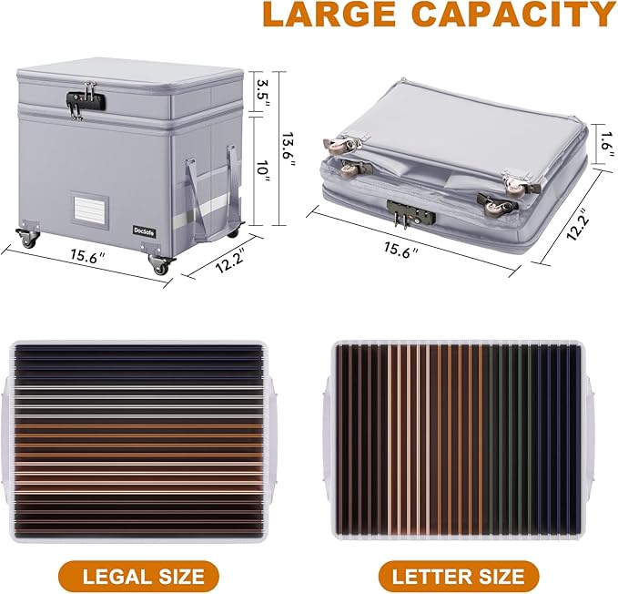 DocSafe Fireproof Document Box with Lock,2-Layer File Box with Wheels,Collapsible File Storage Organizer with Pockets,Large Portable Home Office Filing Cabinet Safe for Hanging Folders,Silver - Image 6