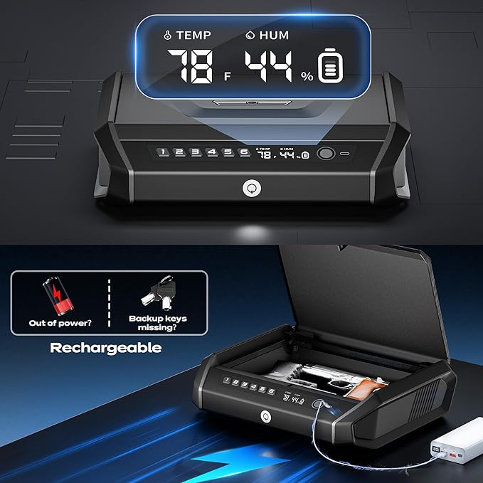 Gun Safe with LCD Display, ≤0.1s Quick Access Handgun Safe for 2-4 Pistols, Hand Gun Lock Box with Fingerprint | Keypad | and Keys (Rechargeable AA Batteries) - Image 4