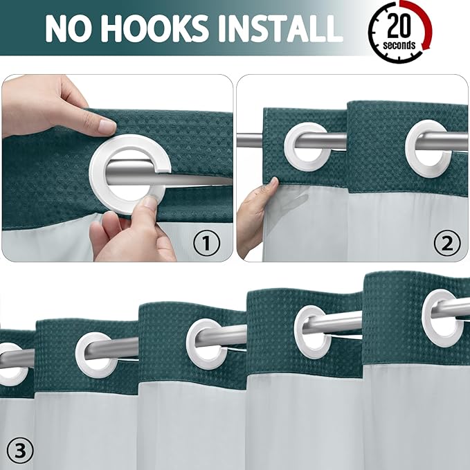 No Hook Shower Curtain and Liner Set,Seaweed Green Hotel Waffle Shower Curtain with Liner 75" L x 72" W - Image 2