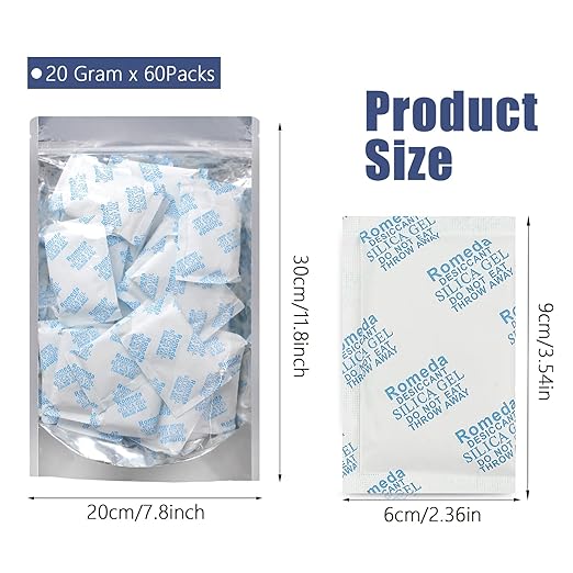 Romeda 60 Pcs 20 Gram Silica Gel Packs, Transparent Desiccant, Desiccant Packets for Storage, Moisture Packs for Spices Jewelry Shoes Boxes Electronics Storage - Image 2