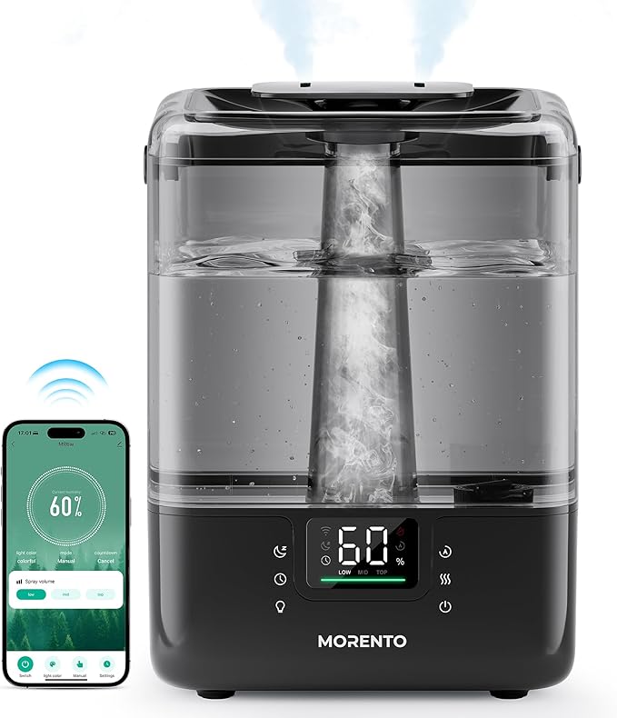 Smart Humidifiers for Bedroom Large Room Home, 6L Cool Mist Top Fill Humidifier with Essential Oil Diffuser, Smart App & Voice Control, for Nursery & Plants, Black, 1 Pack + 7 Color NightLight by Unknown