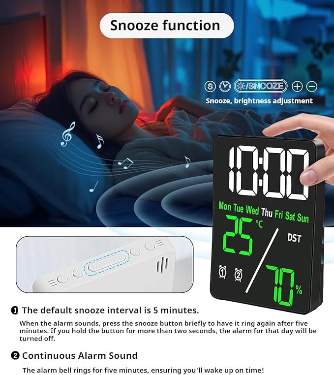 Digital LED Alarm Clock with Thermo-Hygrometer,Dual Alarms,Snooze,Date & Year Display,12/24 Hour Switch,Weekdays,DST,Auto Dimmable with 3 Brightness Levels,USB Output (5V1A) (White+Green Digits) - Image 6
