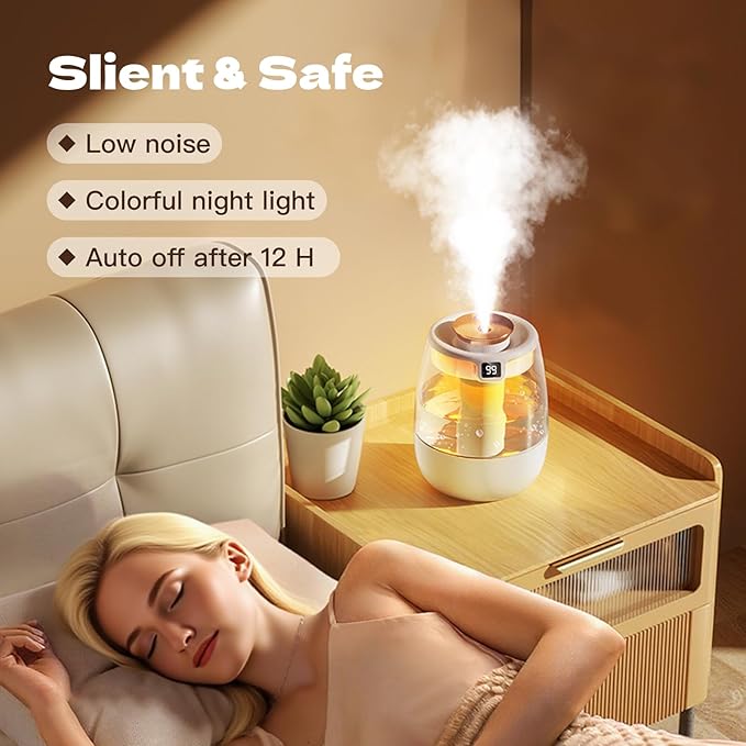 Double Spray Air Humidifier for Bedroom, 2L Quiet Cool Mist Humidifier for Plants Dorm Room Office Home Car Personal Humidificador with Digital Display 3 Mist Modes & Night Light - Image 4