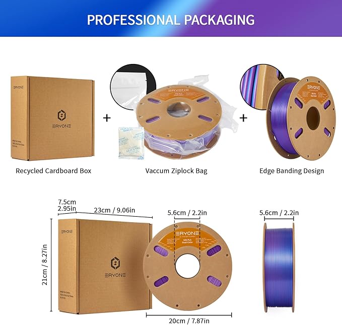 ERYONE Silk Dual Color PLA Filament 3D Printer 1.75mm +/- 0.03mm, Bicolor Filament Two Tone PLA 1KG(2.2lbs) Cardboard Spool, Purple Blue - Image 6