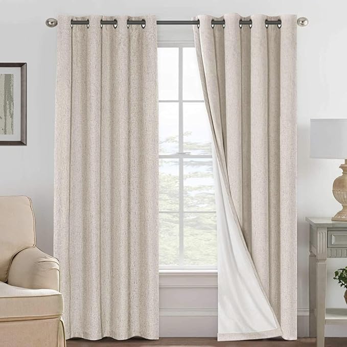 H.VERSAILTEX Linen Curtains 100% Blackout Curtains for Bedroom 90 inch Long Full Light Blocking Nature Linen Blended Window Curtains for Living Room Nickel Grommet (2 Panels, Natural) by HVERSAILTEX