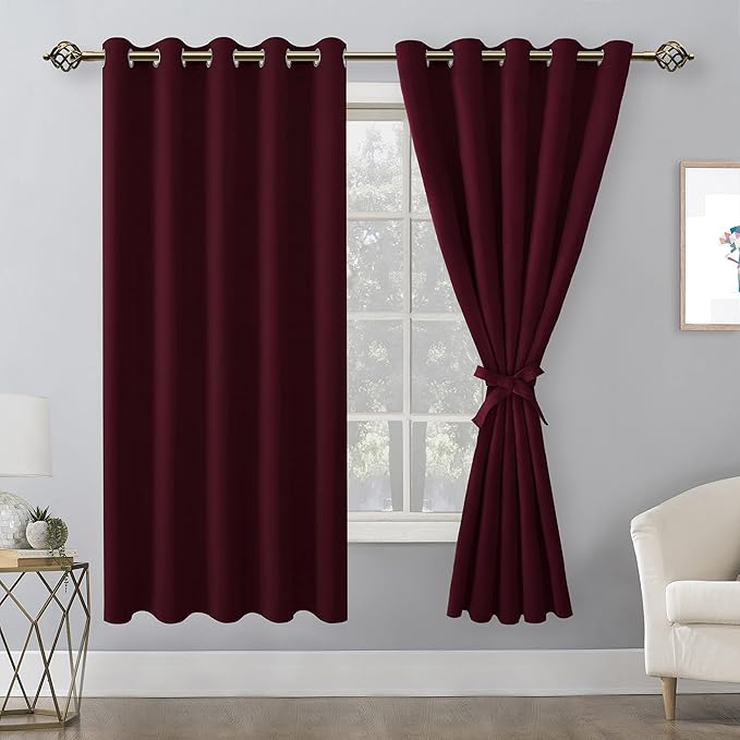 Hiasan Grommet Blackout Curtains for Bedroom, 60 x 72 Inches - Thermal Insulated & Light Blocking Window Drapes for Living Room/Dorm Room Christmas Decor, Set of 2 Panels Sewn with Tiebacks, Burgundy - Image 2