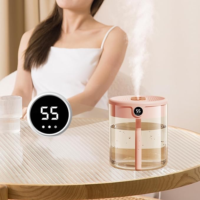 2L Humidifier, Double Nozzle Humidifier, Top Fill Cool Mist Humidifier, USB Humidifier with LCD Humidity Display, Large Capacity Fragrance Oil Diffuser for Home Bedroom[Pink] - Image 3