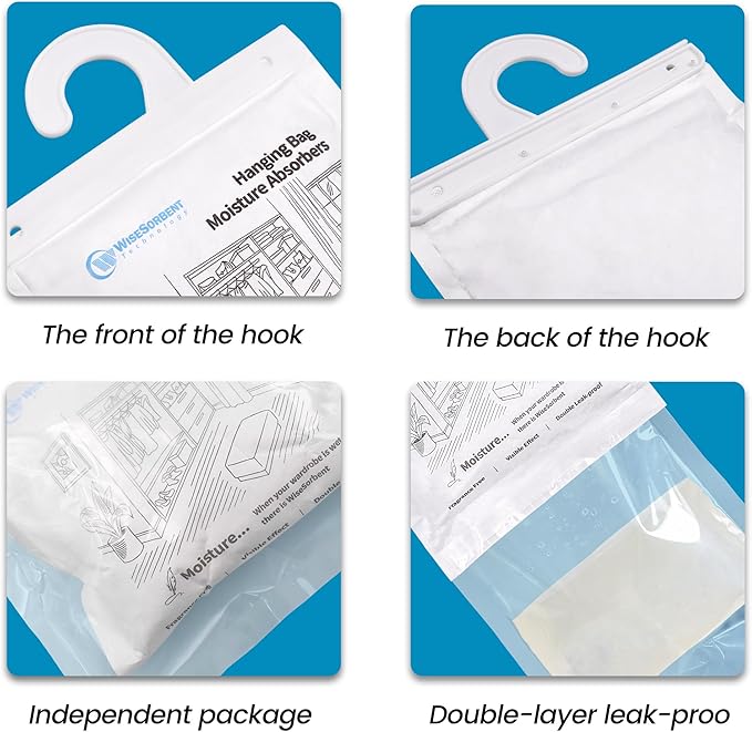 500G 3 Pack Hanging Moisture Absorbers Dehumidifier Bags - 17.6 oz Calcium Chloride Desiccant for Closet, Bathroom, Bedroom – Double Leak-Proof Design & Dual-Sided Absorption - Image 5