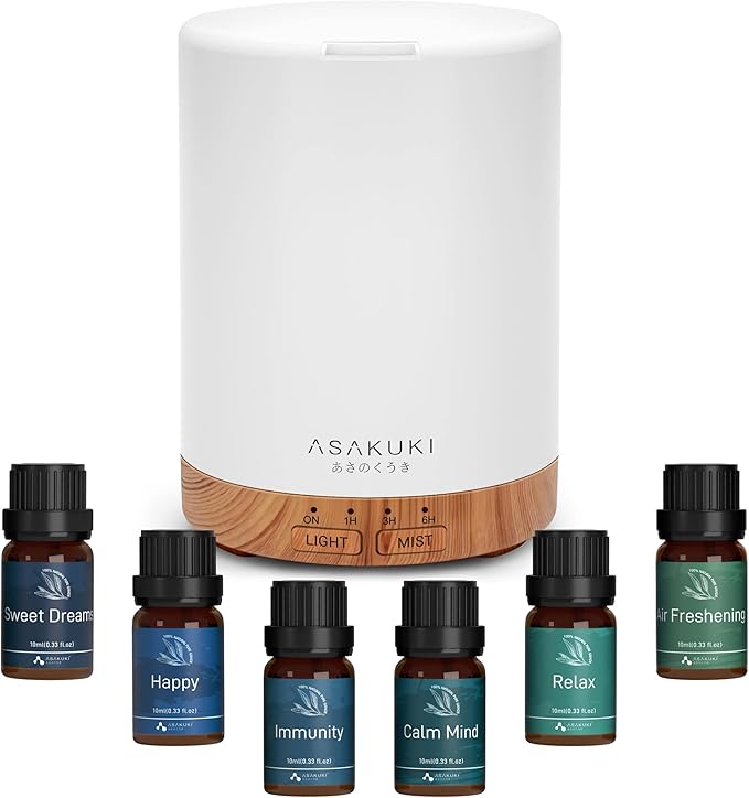 ASAKUKI Essential Oil Diffuser, Aromatherapy Cool Mist Home Humidifier with 7 LED Color Changing Light and Auto-Off Safety Switch, 6 Essential Oils Set, 300ml (Brown with Oils) by ASAKUKI