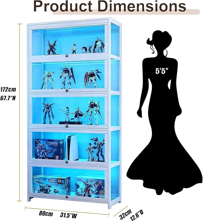 5 Tier Curio Display Cabinet with Acrylic Glass Door, Large Capacity Storage Cabinet Collectibles Toy Organizers Rack & Display Shelf, Kids Bookshelf and Bookcase for Playroom, Bedroom - Image 2