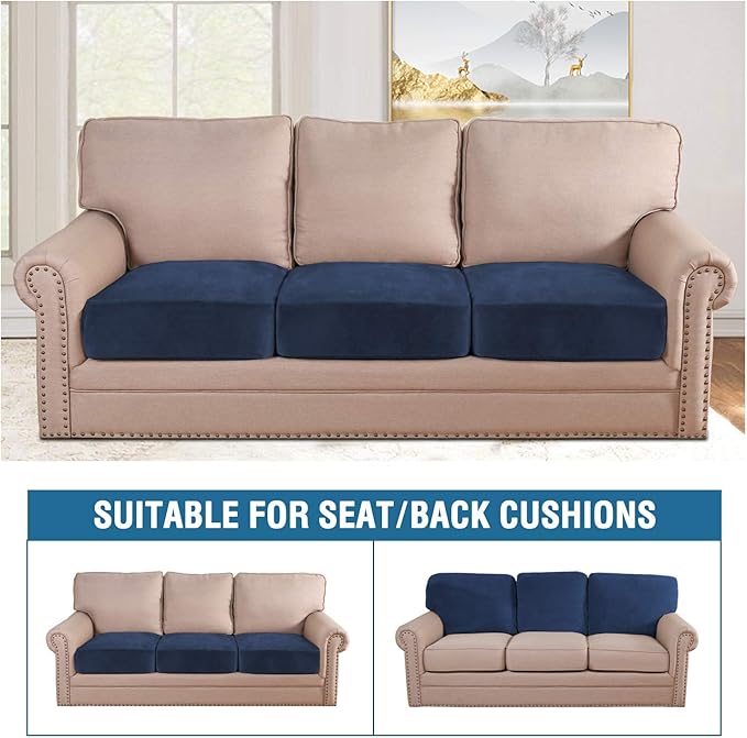 H.VERSAILTEX Velvet Stretch Couch Cushion Cover Plush Cushion Slipcover for Chair Loveseat Sofa Cushion Furniture Protector Seat Cushion Sofa Cover (3 Piece XL Sofa Cushion Covers, Navy) - Image 3