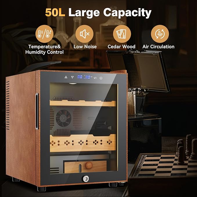 Electric Cooler Cabinet 50L with Temperature and Humidity Control, Leather Finish, Spanish Cedar Wood Shelves and Safety Lock (400 Counts Capacity), Gift for Men - Image 7