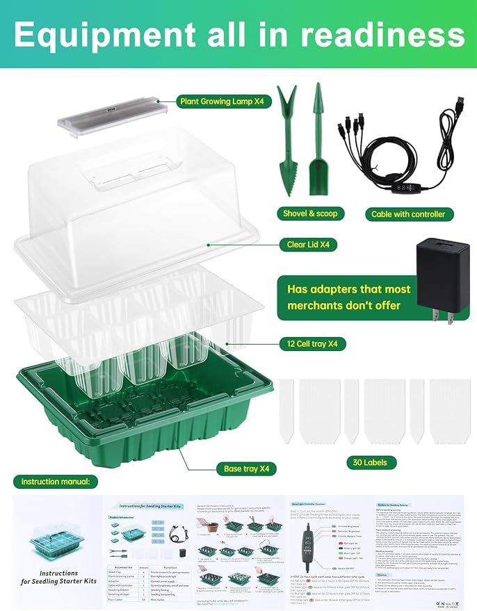 Seed Starter Tray Medium Size 4 Packs, Seed Starter Kit with Upgraded 24 Full Spectrum LEDs, Adjustable Brightness and Timer, with Drainage Holes, Tools and Labels for Indoor Plant Growing - Image 7
