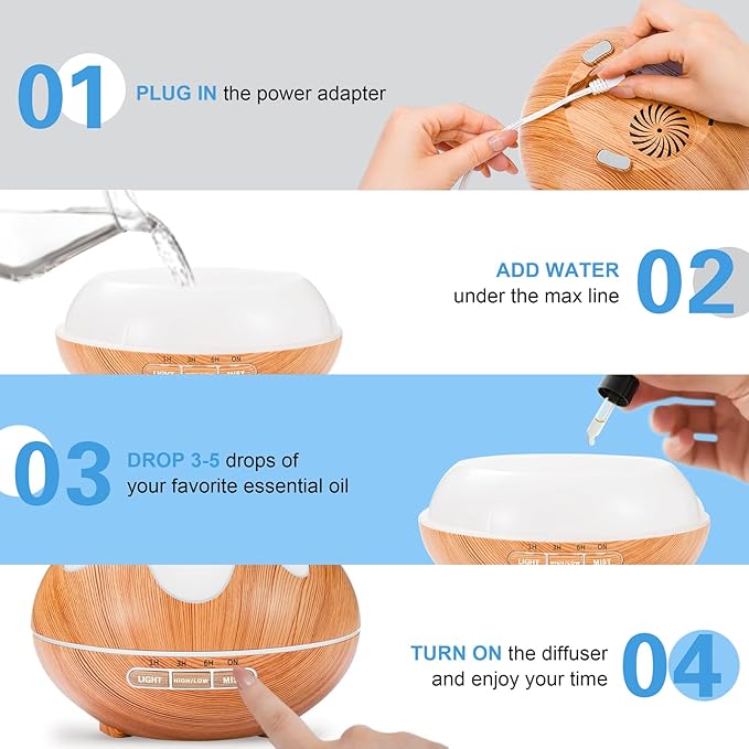 500ML Essential Oil Diffuser, Aromatherapy Diffuser with Remote Control, Multifunctional Air Diffusers for Home Office Room, Fragrance Aroma Diffuser with 7 Color LED & 2 Mist Mode, Light Brown - Image 8