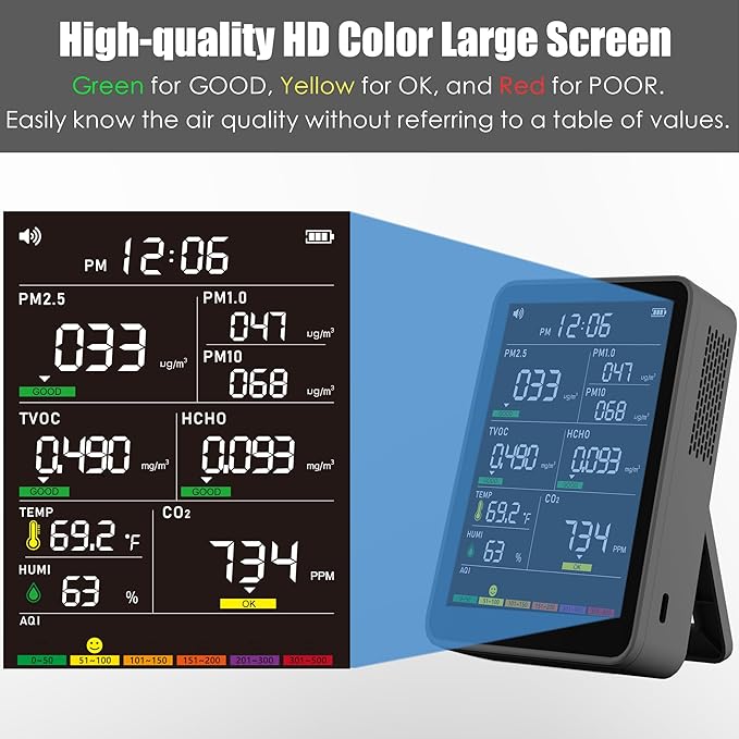Professional Indoor Air Quality Monitor with AQI Beep Alarms, Portable Real-Time Detector for Home Cars Plants and Pets - Image 3
