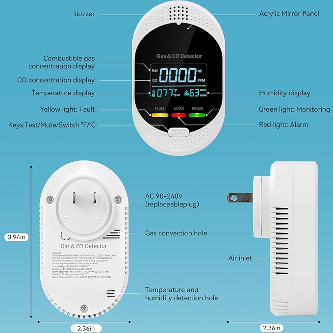 Plug in Carbon Monoxide Detector Combustible Gases Detectors,4-in-1 Co & Natural Gas Alarm Detectors with Temperature and Humidity Display,Clear LCD Screen Sound Light Dual Alarm for Home Travel RV - Image 3
