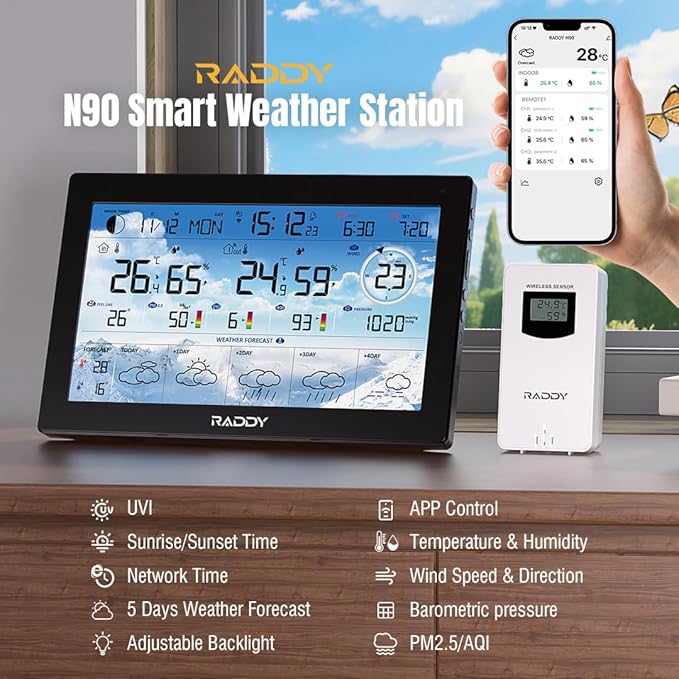 Raddy N90 Wi-Fi Weather Station with 8.8" Display, Smart App Connectivity, Indoor Outdoor Thermometer with Wireless Sensor, Temp & Humidity Monitor, PM2.5/AQI/UVI, 5-Day Forecast, Sunrise/Sunset Time - Image 9