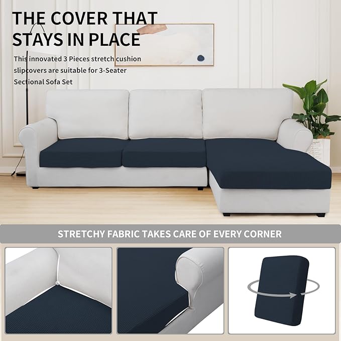 Easy-Going Stretch 3 Pieces Couch Cushion Covers for Sectional Sofa Left/Right L Shape Chaise Lounge Sofa Seat slipcover Anti-Slip Sofa Cover Soft (2 Seater + 1 Chaise, Dark Blue) - Image 5