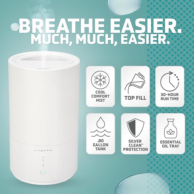 PureGuardian 30-Hour 0.80 Gal. Top Fill Cool Mist Ultrasonic Humidifier for Home with Aromatherapy Tray, Covers 320 Sq. Ft, White, H950AR (Pack of 2) - Image 2