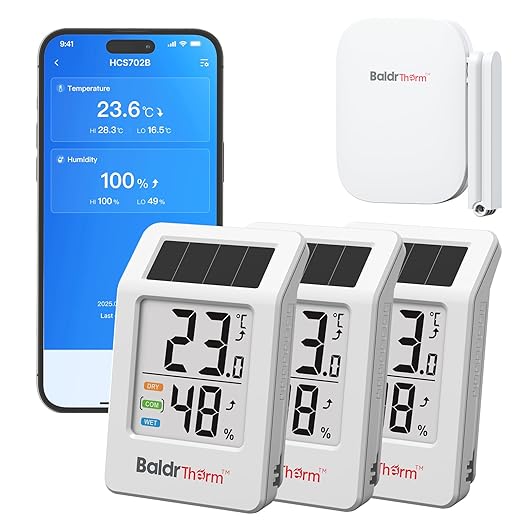 BaldrTherm WiFi Thermometer, Wireless Smart Thermometer, Remote Temperature Monitor with Gateway&Solar Sensor,200ft Coverage, App Alerts,12-Month Battery, Comfort Indicator, Data Sync Recover,3Pack by BaldrTherm