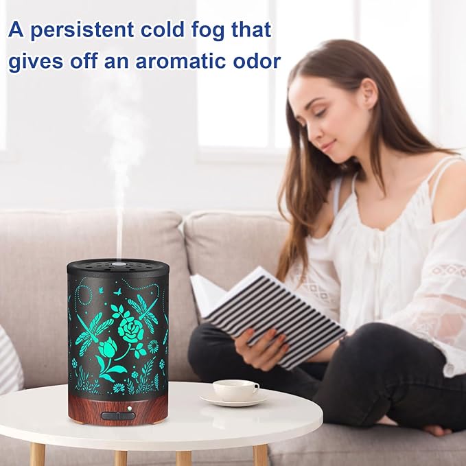 Essential Oil Diffuser- Aromatherapy Diffuser with7 Colors Light and Auto-Off for Women Metal Cool Mist Humidifier for Home and Office for Mom Women(Roses + Dragonflies) - Image 4