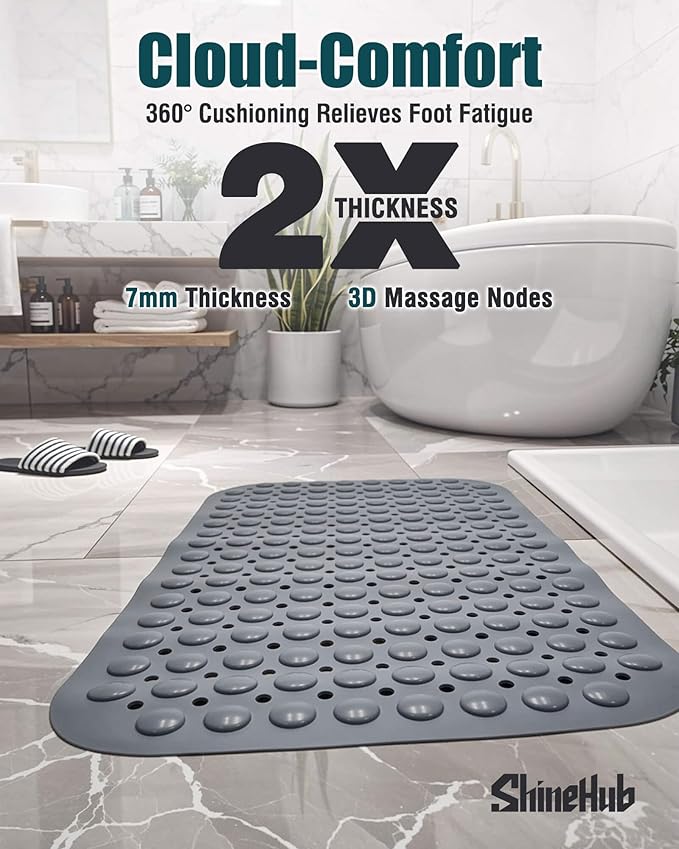 Non-Slip Bath Mat for Tub Shower, TPE Machine Washable Bathroom Essentials with Suction Cups, Quick-Dry 28x16 inch (Mist Pine Gray) - Image 3