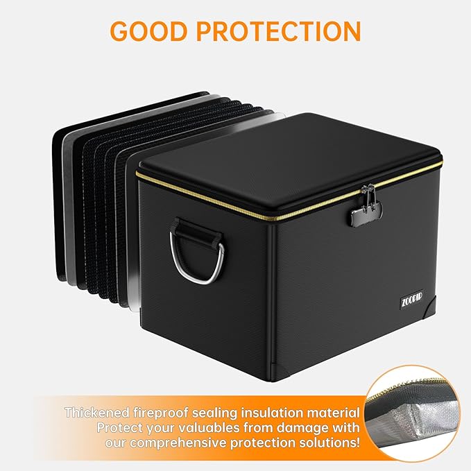 Fireproof Document Box,Hard Case File Organizer with Fireproof Zipper&Threads,Non-Foldable Filing Cabinet with Lock, Portable Office Safe Box Storage for Hanging Letter Folder,Valuables,Black - Image 6