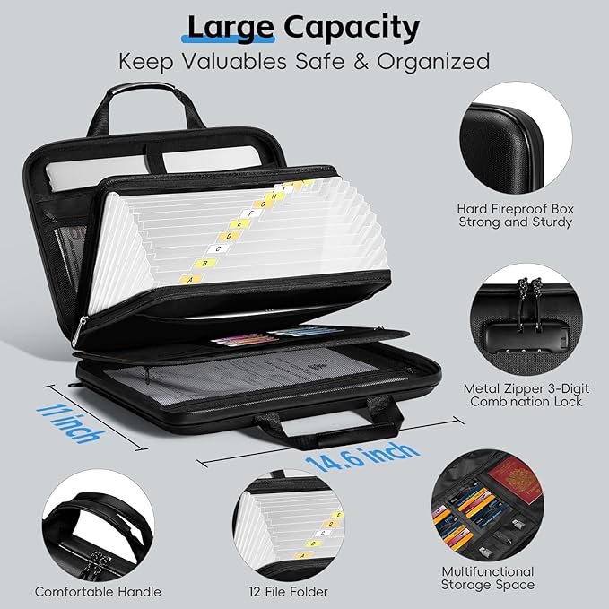 Fireproof Document Box, Hard-shell Waterproof Fire Proof Bag with Lock & File Folder, Portable Safe Organizer for Home Office Documents, Important Valuables Storage (3" Thickness) - Image 2