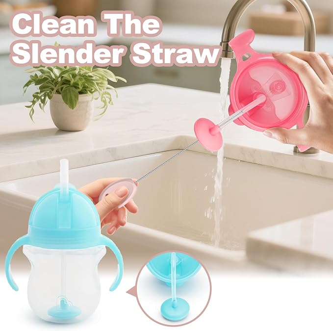 YOTIME Standing Straw Cleaner Brush Set, 4in1 Reusable Straw Brushes with Holder Ring, for Baby Bottles, Sippy Cups and Lids, Pink - Image 5