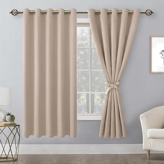 Hiasan Grommet Blackout Curtains for Bedroom, 60 x 72 Inches - Thermal Insulated & Light Blocking Window Drapes for Living Room/Dorm Room, Set of 2 Panels Sewn with Tiebacks, Camel - Image 2