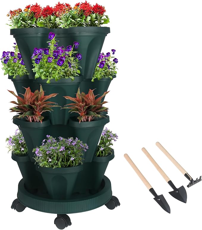 GameXcel Vertical Planter 4 Tier Stackable Planters Garden Planters Strawberry Herb Flower and Vegetable Planter Indoor Outdoor Gardening Pots with Removable Wheels and Tools by GameXcel