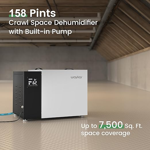 Waykar 158 Pint Commercial Dehumidifier with Pump and Drain Hose for Crawl Spaces, Basements, Ducted Industrial Use, and Water Damage Unit, for Spaces up to 7500 Square Feet, Smart Humidity Control - Image 2