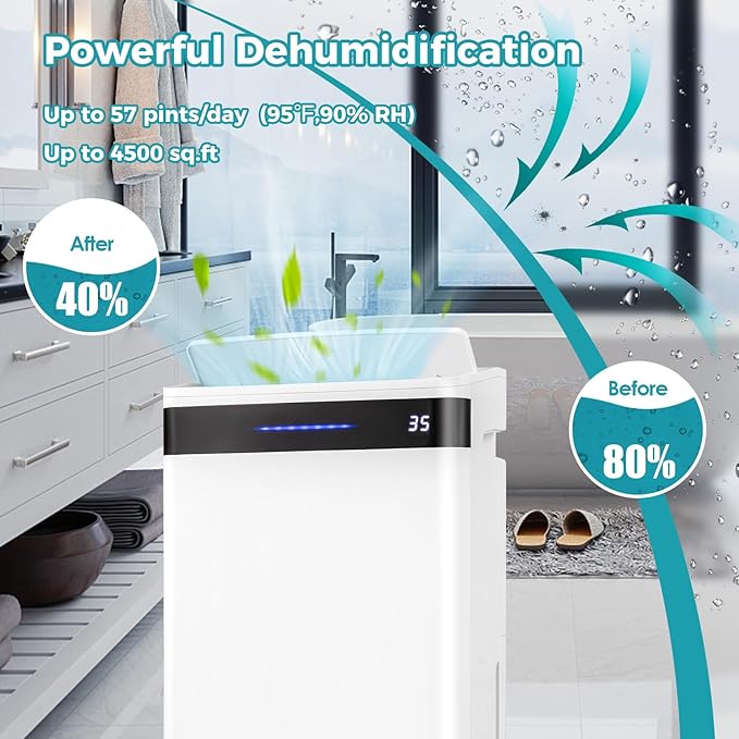 COSTWAY 4,500 Sq. Ft Dehumidifier for Basement, 3-Color Humidity Indicator, Dry Clothes Mode, 12" Drain Hose & Wheels, 57 Pint/Day Dehumidifier for Large Room (White&Black) - Image 8