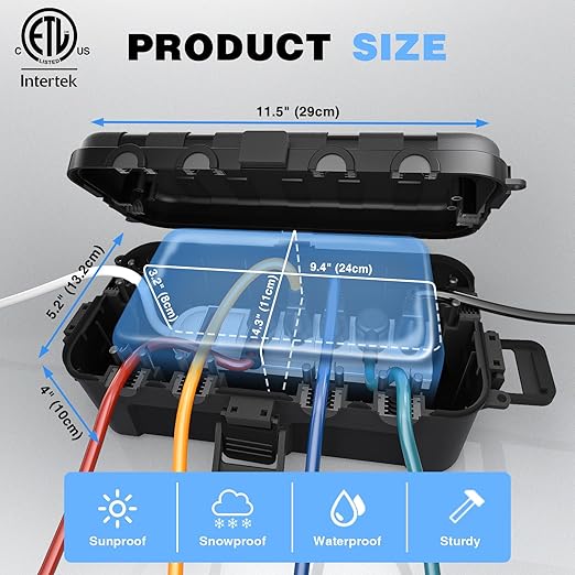 Flemoon [2 Pack] Outdoor Electrical Box Waterproof, Medium Weatherproof Electrical Box (11.5x5.2x4 inch) w/6 Cable Entry Ports, Extension Cord Cover for Power Strip, Timer, Plug, Holiday Light, Black - Image 3