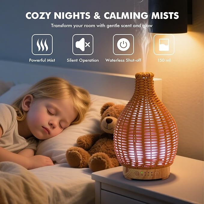 Boho Essential Oil Diffuser for Home -150ml Ultrasonic Fragrance Diffuser Humidifier Whisper Quiet Timer Setting 7 LED Colors Changing Lights for Home Office Decor & Gift (Handwoven) - Image 4